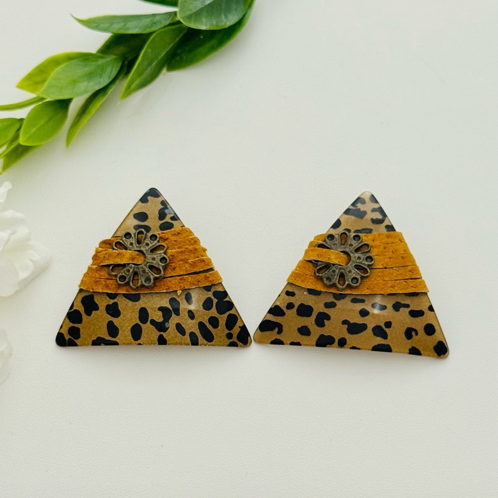 Vintage 80s Leopard Print Triangle Earrings Oversized Studs animal print leather